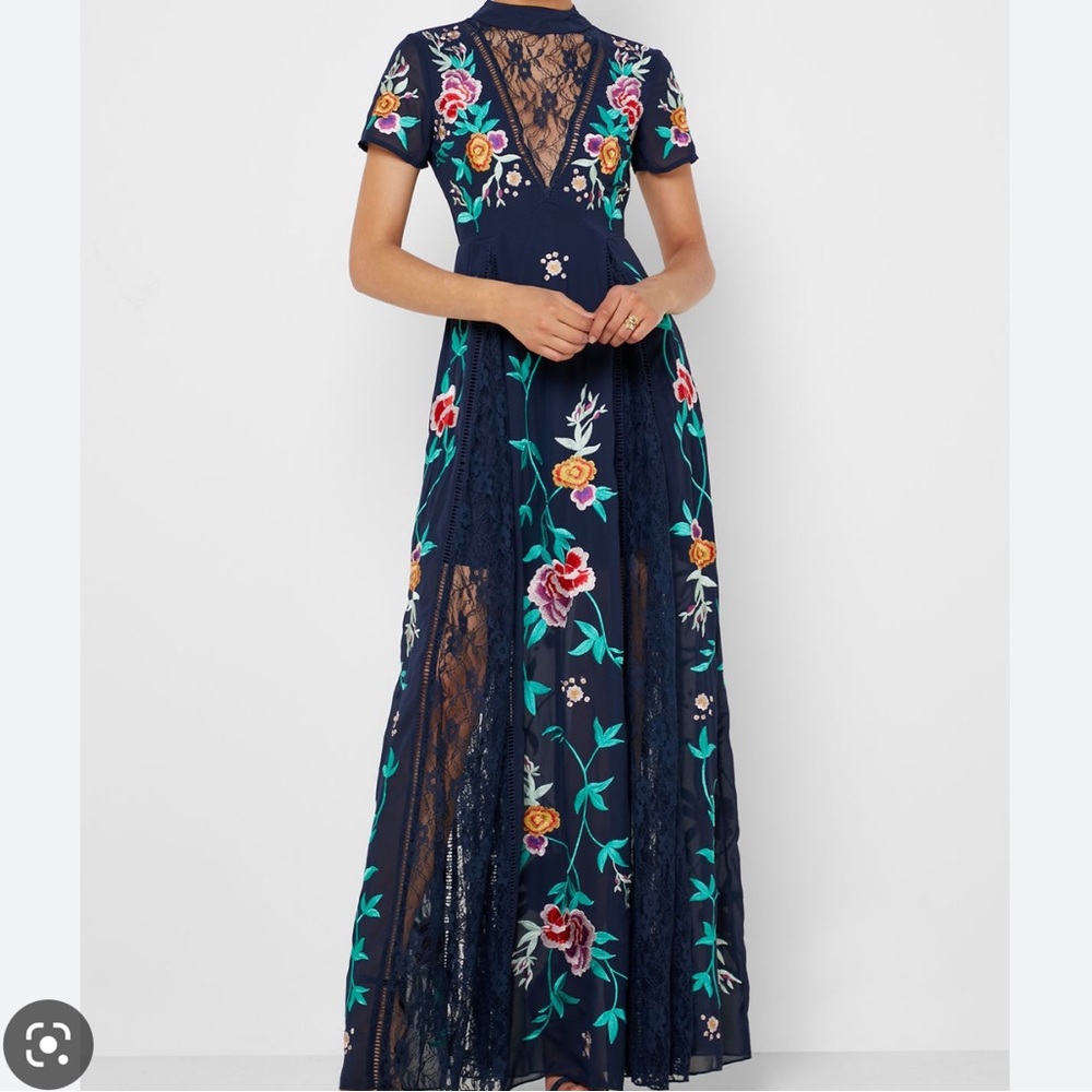 ASOS Frock & Frill gypsy embroidered lace maxi dress navy blue floral size 6